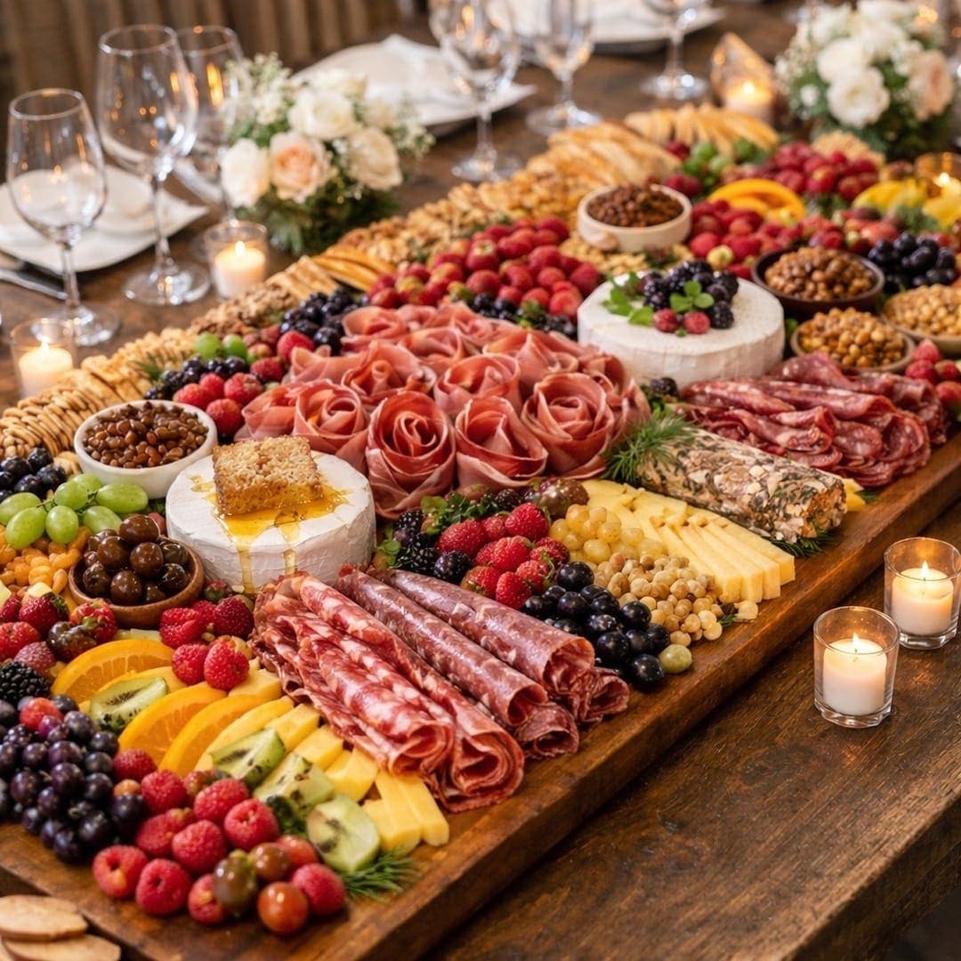 Stunning grazing table with prosciutto roses and artisan cheeses at a luxury event